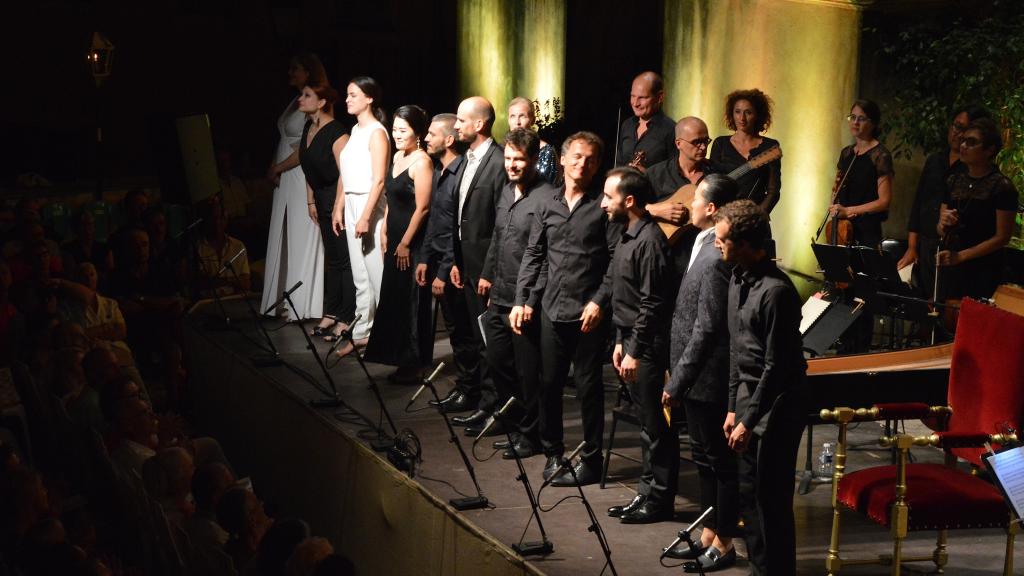 J.Ch Spinosi et les chanteurs(euses):R.Bry:D.Lee:B.Mineccia:Z.Nicolaïdou:A.Sohn:R.Pe:F,F.Rueda,le couronnement de Poppée( Photo Ch Merle)